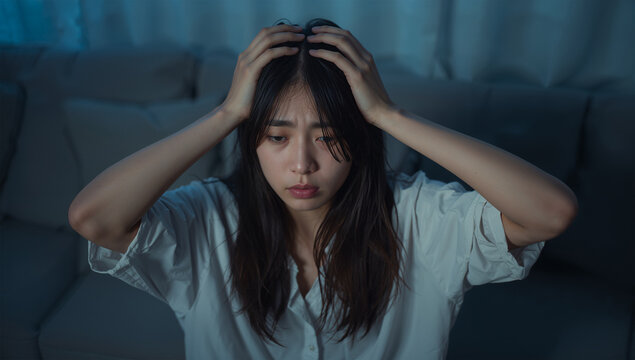 夜の自宅で不安を抱えて頭を押さえる日本人女性