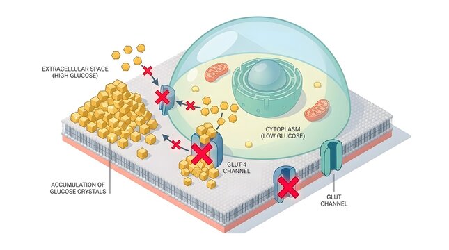 Illustration showing glucose accumulation outside a cell and blocked glucose transport into the cytoplasm due to dysfunctional GLUT channels, leading to low intracellular glucose.