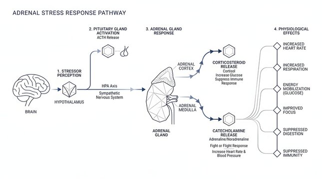 Diagram illustrating the adrenal stress response pathway, detailing the brain's perception, pituitary activation, adrenal gland hormone release, and subsequent physiological effects.
