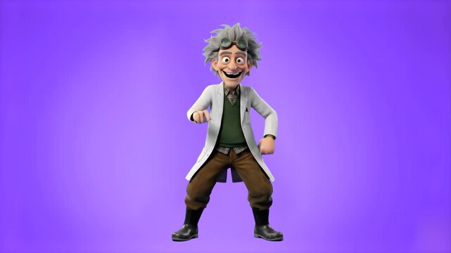 A comical 3D animated scientist or crazy professor character with messy grey hair and glasses performing a funny dance, jumping in place. The playful mascot is isolated on a solid purple background.