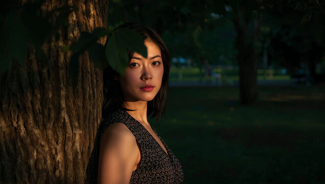 木漏れ日の公園で日本人女性が木のそばに佇む情緒的な写真
