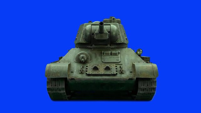 A detailed 3D model of a historic Soviet T-34 medium battle tank facing directly forward. Placed on a vibrant blue backdrop, it serves as a ready-to-use asset for historical, military, or gaming video
