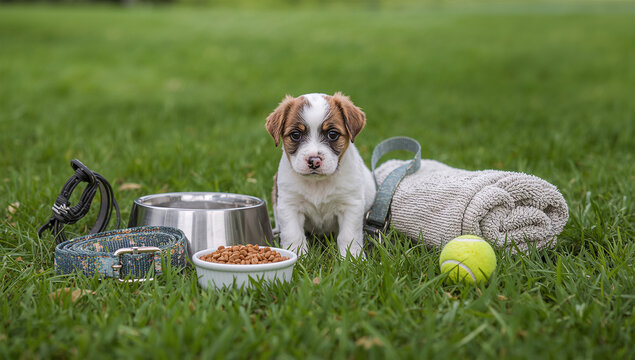芝生の上に犬用の首輪とおもちゃを並べたペット用品写真