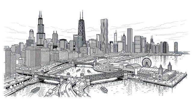 Chicago city skyline with navy pier and riverfront sketch