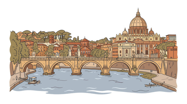Saint peters basilica and sant angelo bridge in rome italy