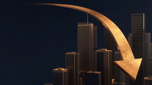 Golden arrow points down over city skyline symbolizing decline or