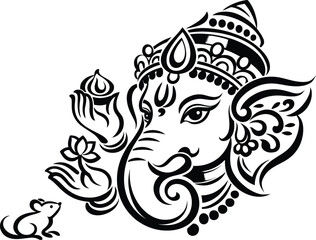 Obraz premium Black Outline Ornamental Lord Ganesha Head with Lotus Laddoo and Mouse on White Background