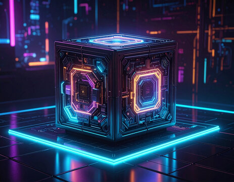 Futuristic glowing cube on a dark sci-fi platform