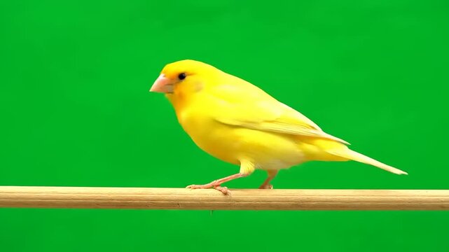 Yellow canary bird perched on a branch with green screen background