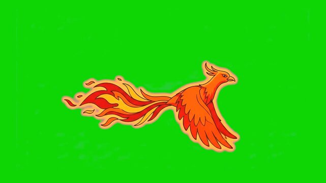 A 2D flat vector animation of a bright orange mythical phoenix bird with flame textures dancing and moving its wings. The character is isolated on a solid chroma key green screen backdrop for easy com