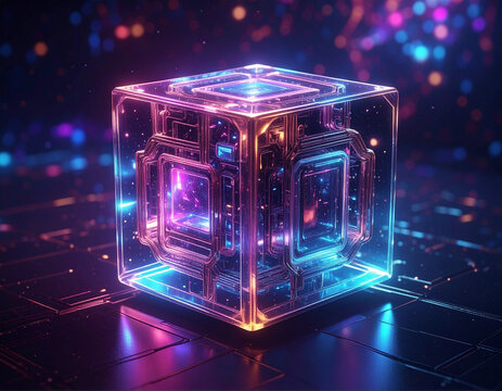 Futuristic glowing cube with intricate circuits and neon lights