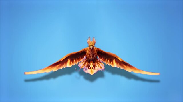A majestic 3D animated phoenix bird with glowing fire-colored feathers soaring directly forward against a soft blue sky background. Excellent for fantasy trailers, gaming cutscenes, and dramatic motio