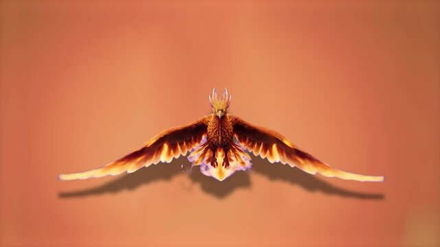 A majestic, fiery 3D animated phoenix bird spreads its wings and flies forward in a steady glide against a warm orange backdrop. Excellent for fantasy storytelling, gaming trailers, rebirth concepts, 