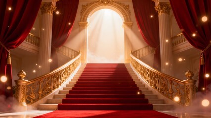 Obraz premium Elegant staircase with red carpet and golden details