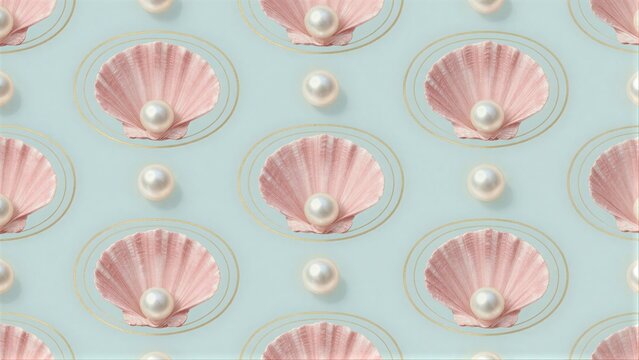 Pink seashells and pearls in elegant gold circles on soft blue