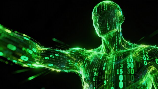Digital human figure with glowing binary code