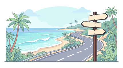 Scenic coastal road with palm trees and a wooden signpost © ifin