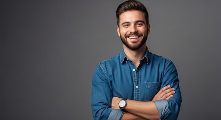 Obraz premium A handsome young man with a confident smile and crossed arms in a studio portrait
