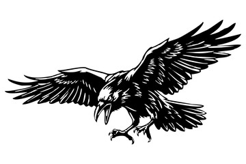 Obraz premium Detailed black and white vector illustration of an aggressive flying raven or crow swooping down with sharp talons and open beak. Gothic woodcut or tattoo design style isolated on a clean white backgr