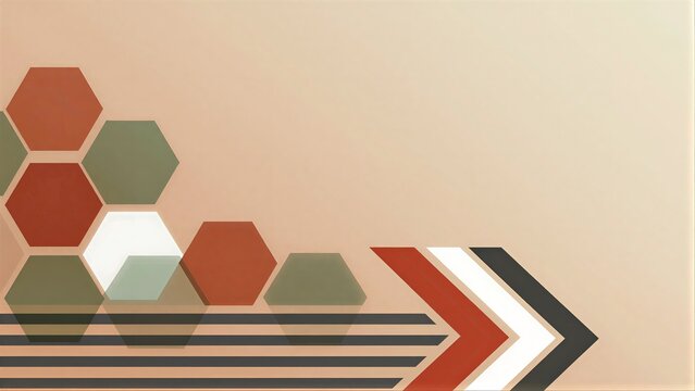 Geometric hexagons and arrows on warm-toned background with layered