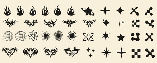 Fototapeta premium Y2K element set with retro future stars, tribal gothic shapes, flames, wireframe globes and abstract tech symbols
