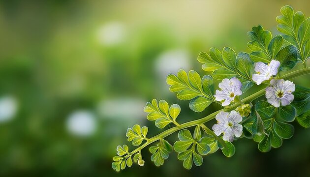 Green Bacopa Monnieri Branch With Leaves And Flowers On Natural Background