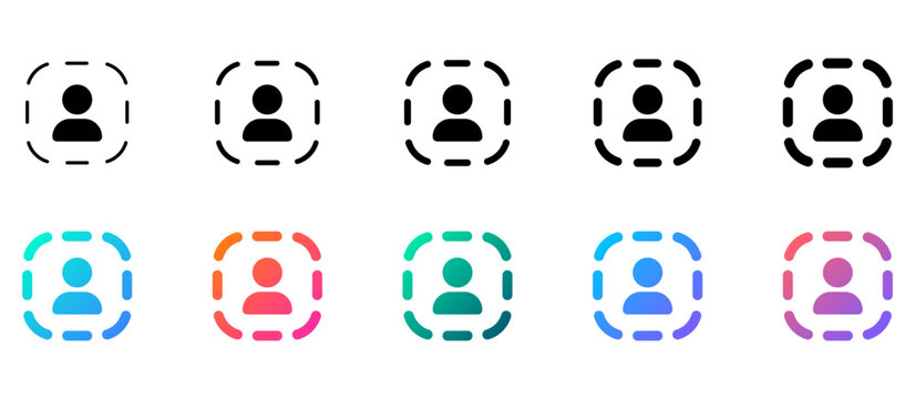 User Focus Frame Gradient Icon Set : User profile icons with dashed square frames for account selection, identity, scan, login, and verification concepts