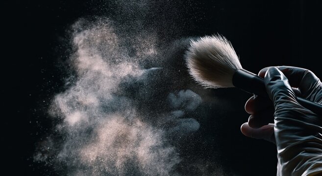 Makeup brush applying powder with dust splash on dark background