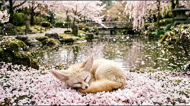 Fennec fox sleeping on cherry blossom petals in a japanese garden