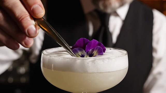 Bartender placing edible purple pansy on foamy cocktail with tweezers for luxury garnish. Perfect for bar branding, luxury campaigns, culinary visuals
