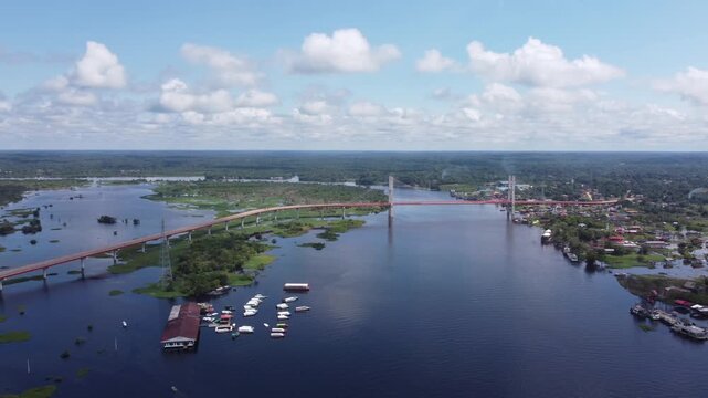 Aerial view of Iquitos Peru's bustling city amidst the Amazon River.