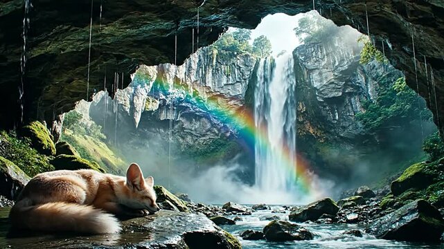 Fennec fox sleeping in a cave by a majestic waterfall with rainbow