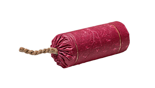 Red sausage wrapped in plastic with twine tie, isolated on transparent