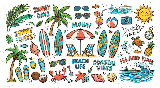 Hand drawn doodle beach and surf vector illustration set with tropical elements for summer designs and coastal artwork