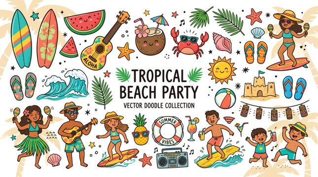 Hand Drawn Tropical Beach Vector Illustration Set with Surfboards Palm Trees and Summer Elements for Creative Designs