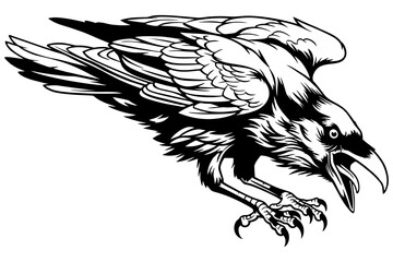 Fototapeta premium Detailed black and white vector illustration of an aggressive raven with folded wings leaning forward to attack. Gothic tattoo design or mascot logo showing a creepy bird with open beak
