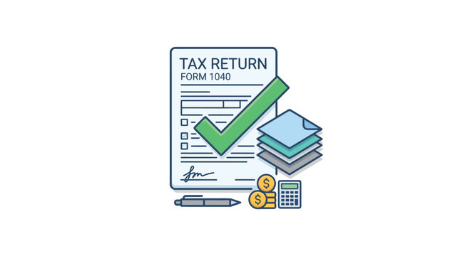 Approved tax return form 1040 with green check mark calculator and coins vector illustration