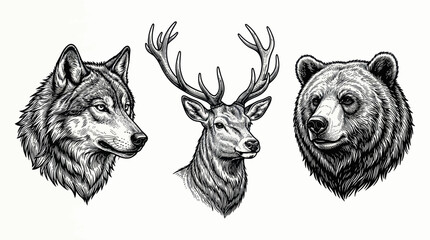 Fototapeta premium Wolf stag and bear head portraits in vintage engraving style