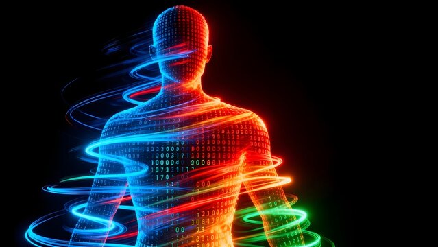 Human figure with glowing binary data