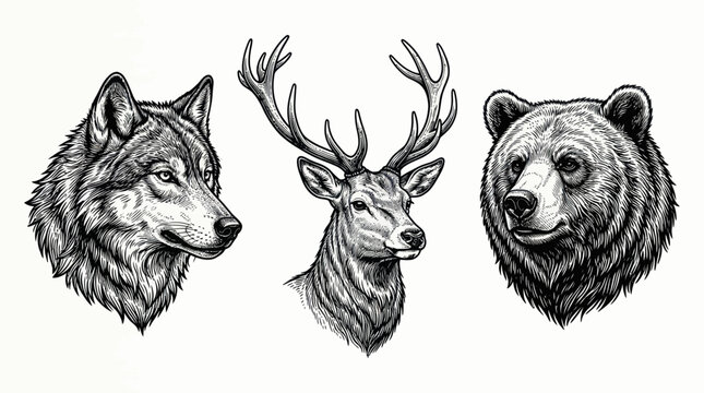 Wolf stag and bear head portraits in vintage engraving style