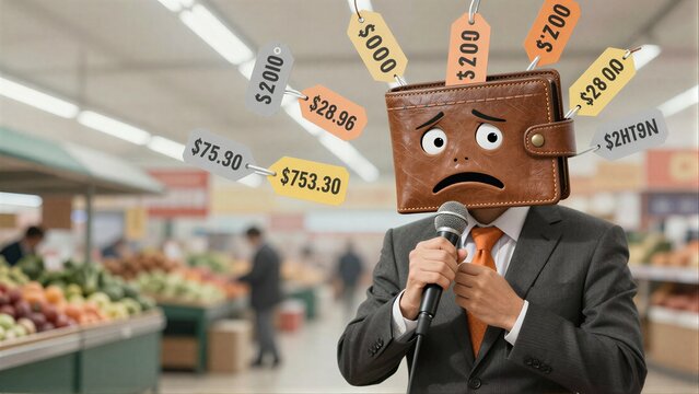 Man in suit holds microphone wallet face shows budget stress with