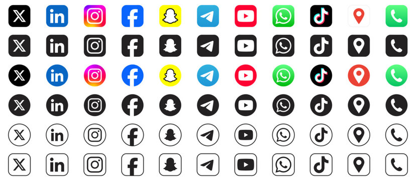 Social Networking Logo Icon Set including facebook, instagram, tiktok, youtube, snapchat, logos social media icons in colorful, black, circular, and outline styles for media, sharing, contact