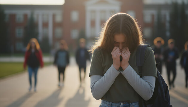 Rear view of a nervous young female student looking at a university building, expressing anxiety on her first day of trainee life at a college institute with a soft blurred background.