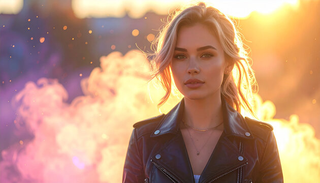 Young woman in leather jacket with smoke and sunset light