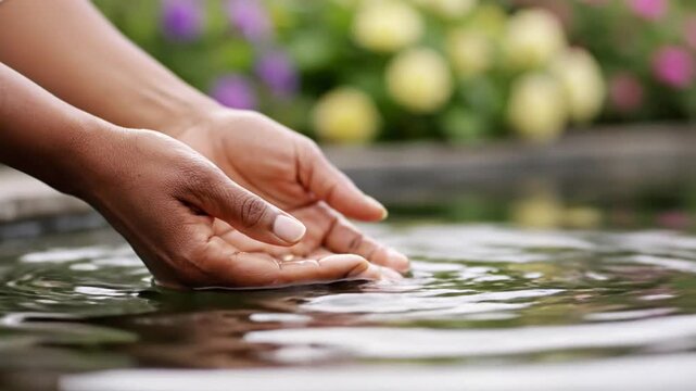 Hands gently touching clear water in a peaceful garden