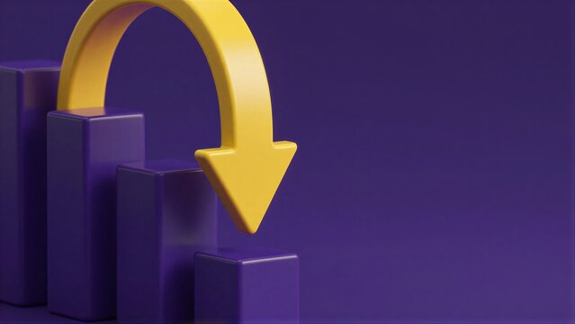 Yellow arrow points downward over purple bars symbolizing decline or