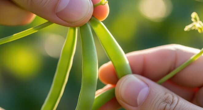Close-up of hands carefully picking fresh, vibrant green beans from a plant in a sunlit garden setting