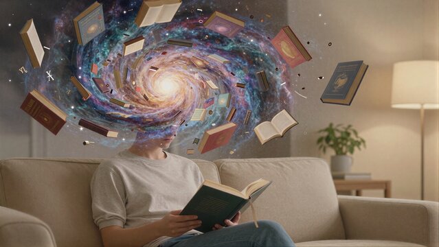 Person reads book books swirl into cosmic galaxy above their head.