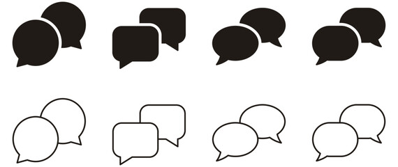 Fototapeta premium Speech Bubble Chat Icon Symbols. Speech bubble icons in outline and filled styles for messaging, comments, conversation, chat, dialogue, and support concepts.