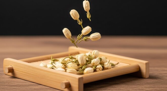 Delicate dried jasmine buds artfully arranged on a wooden tray, some floating gently for a captivating visual appeal